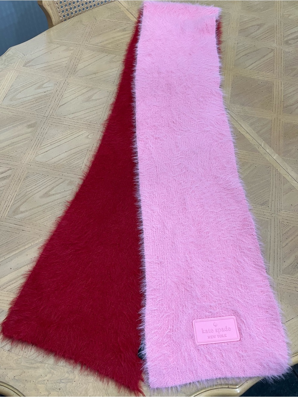 kate spade pink and red fuzzy faux fur reversible scarf